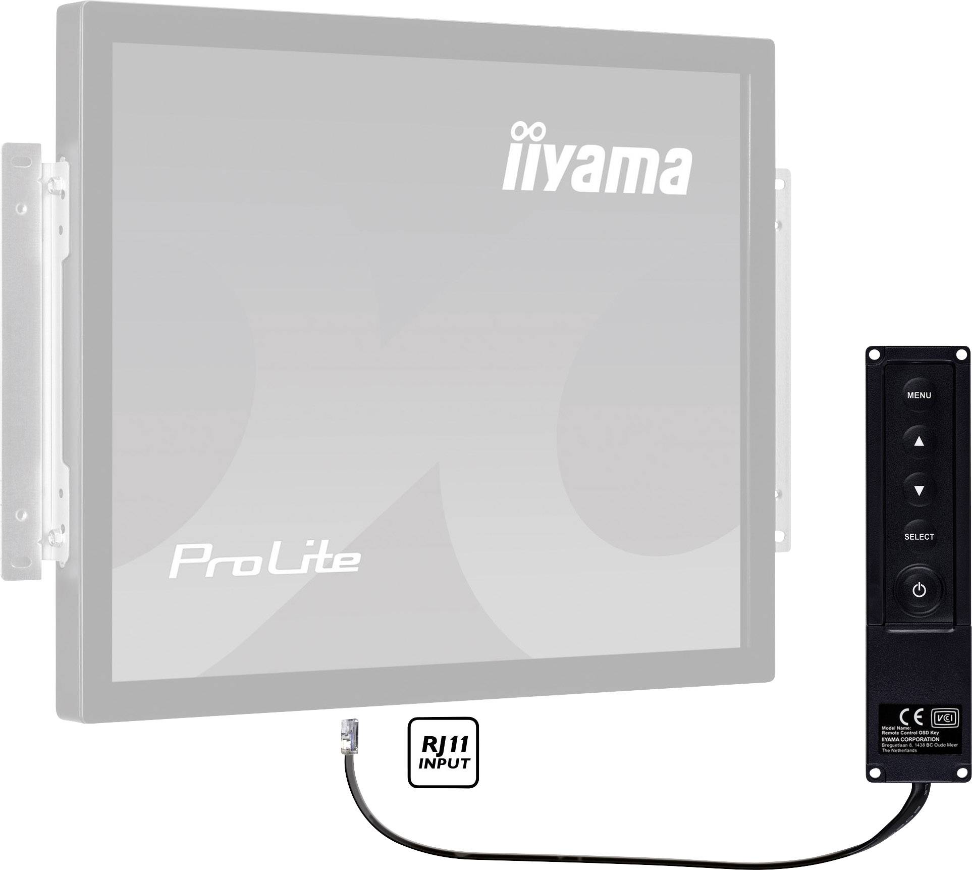Uno schermo con logo del marchio e testo 'ProLite' affiancato da un pannello di controllo con connettore RJ11 e tasti per menu e selezione.