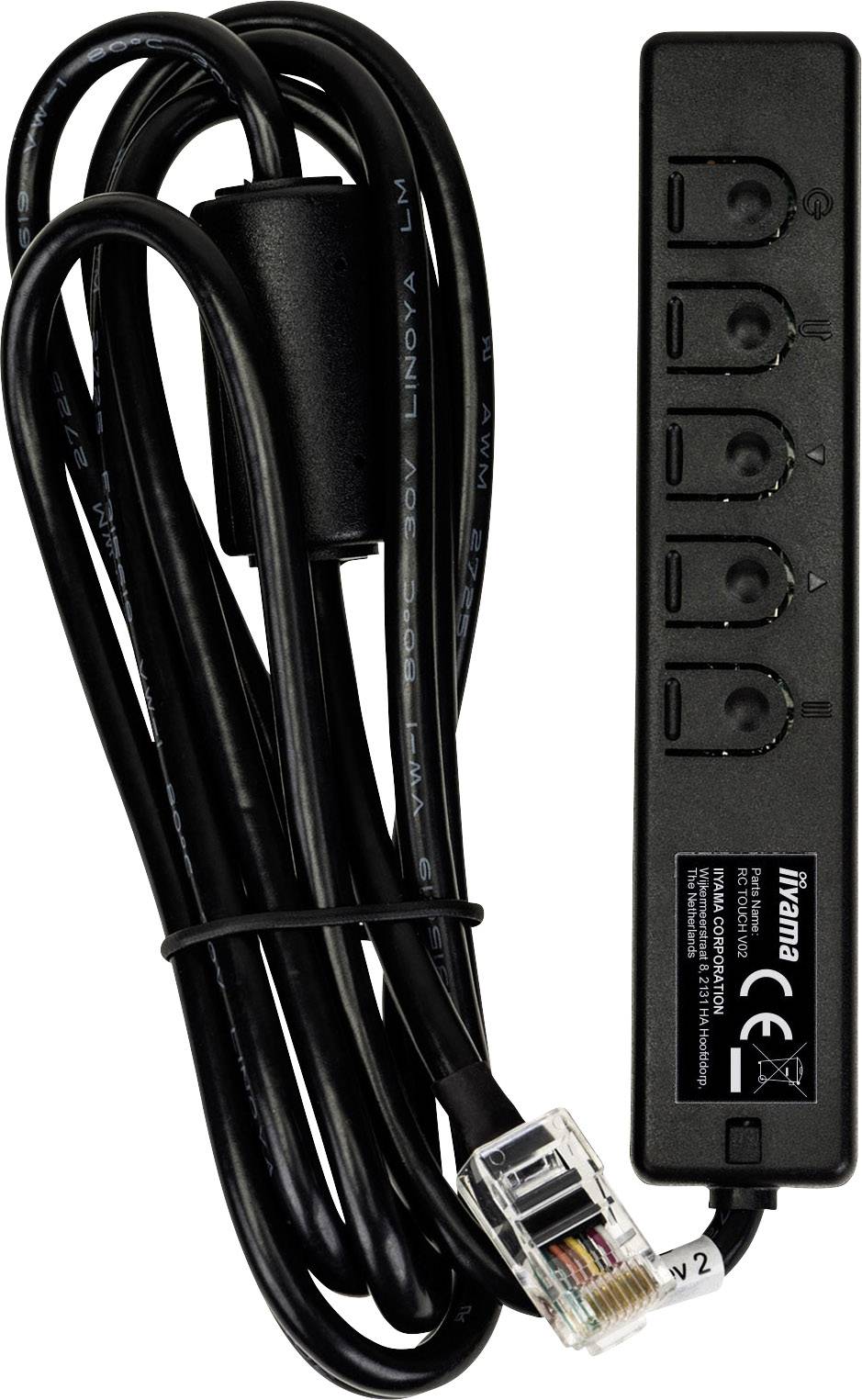 Un cavo telefonico nero con spina RJ11 e un involucro in plastica con cinque tasti interruttore sul lato.