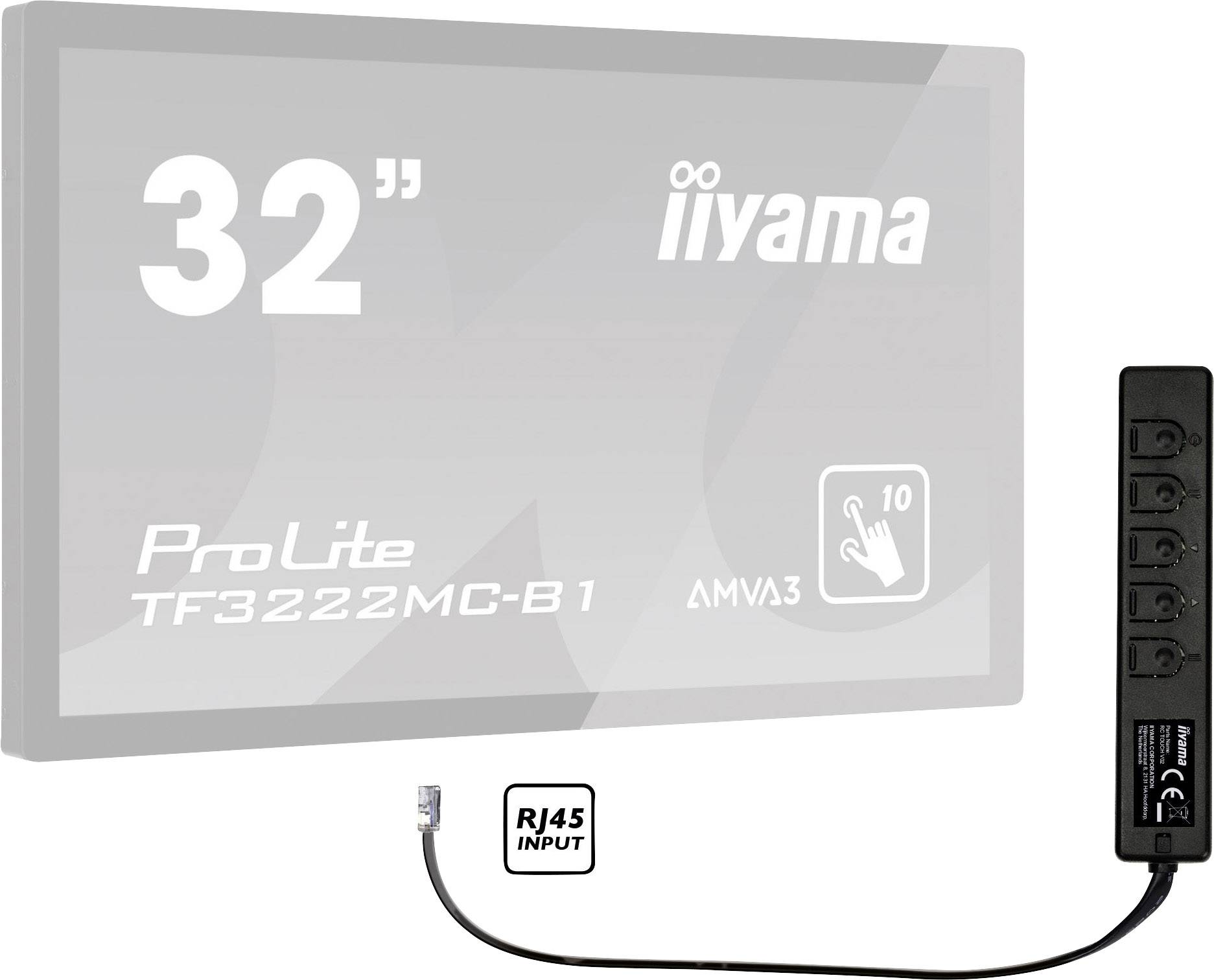 Un monitor da 32 pollici con funzione touchscreen, modello 'iiyama ProLite TF3222MC-B1'. Dotato di ingresso RJ45 per la connessione di rete.