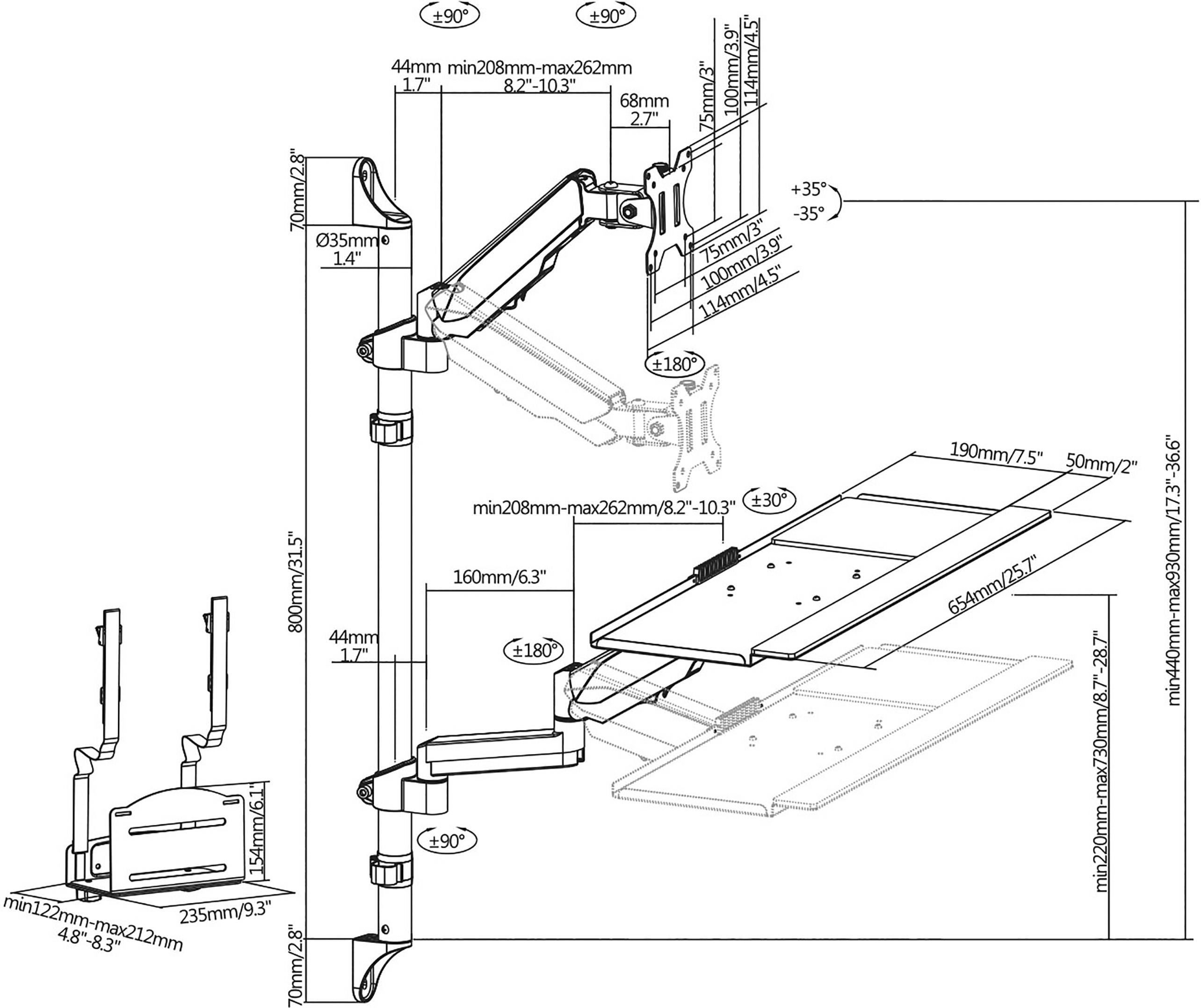 Disegno tecnico di un braccio regolabile per monitor con misure in millimetri e pollici. Mostra dimensioni dettagliate e angoli di movimento.