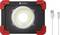 Proiettore LED portatile Toolcraft con involucro rosso e nero. Include un cavo di ricarica Micro-USB.