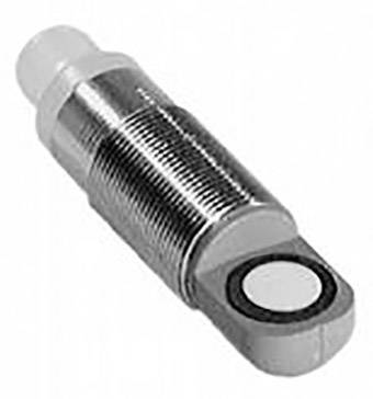 Un sensore cilindrico con involucro metallico e superficie liscia e riflettente; adatto per applicazioni industriali.