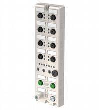 Un pannello di controllo bianco verticale con diversi pulsanti neri e spie verdi, presumibilmente per il controllo di dispositivi elettronici.