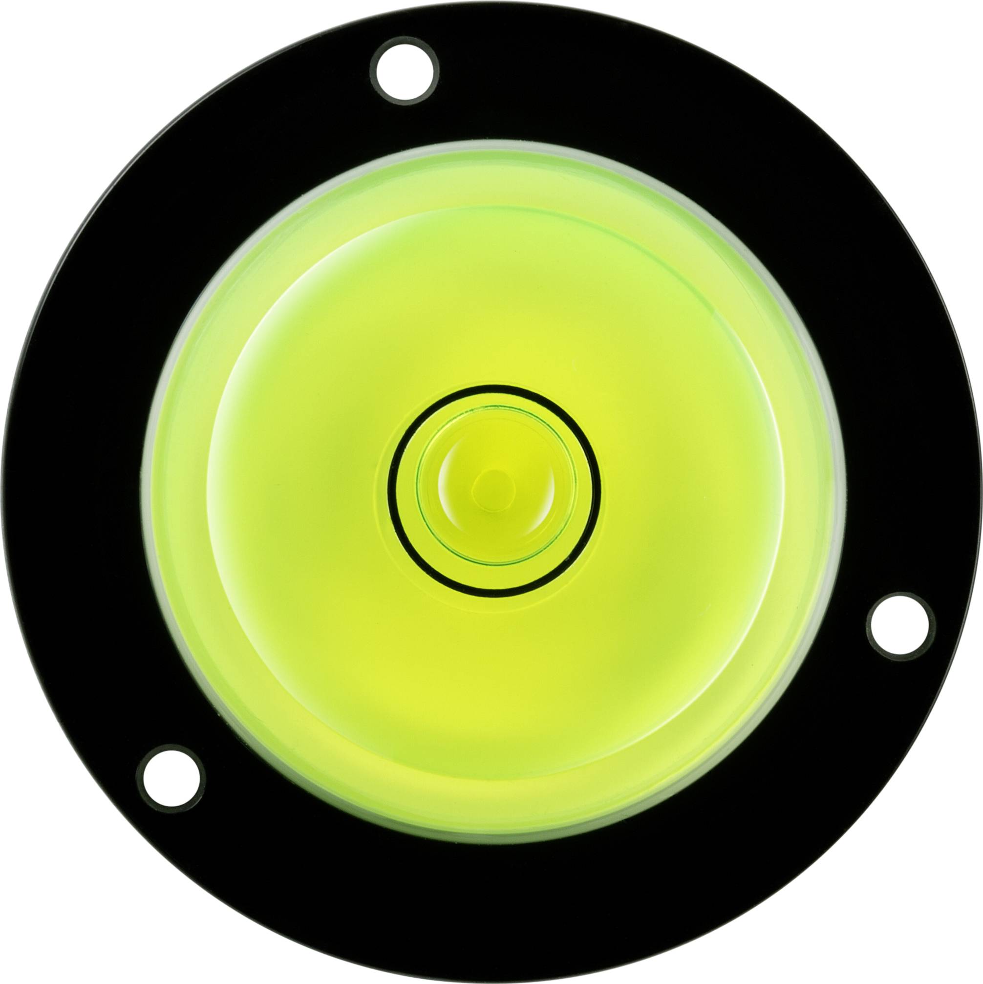 Livella ad acqua rotonda verde con liquido giallo al centro, racchiusa in un telaio nero con quattro fori di fissaggio.