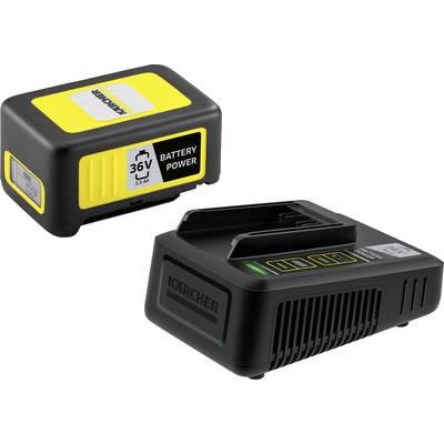 Caricabatterie nero e batteria gialla da 36V di Kärcher, progettati per l'uso con dispositivi compatibili.