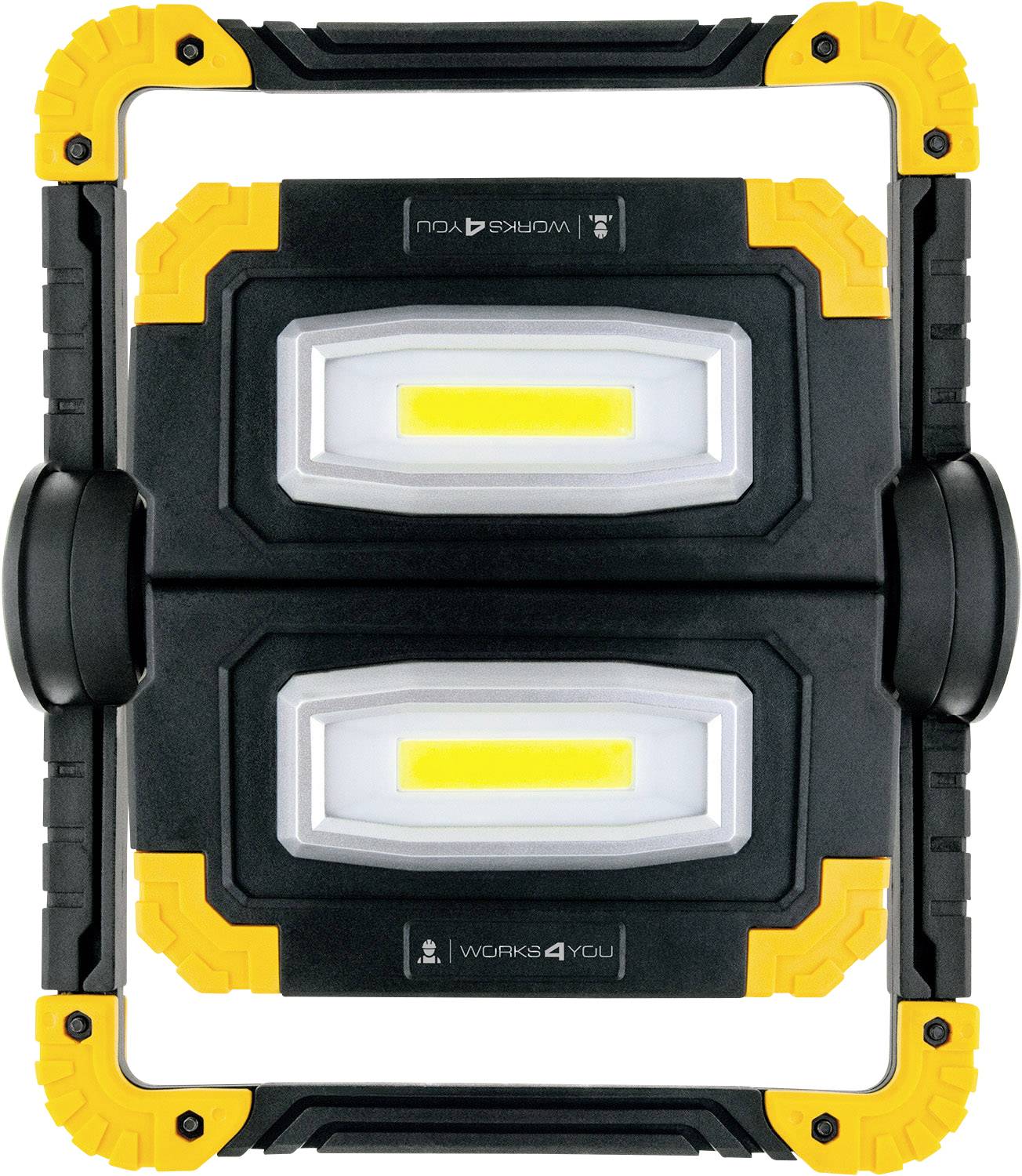 Due lampade da lavoro LED rettangolari con accenti gialli, disposte una sopra l'altra e racchiuse in una cornice stabile di colore nero.