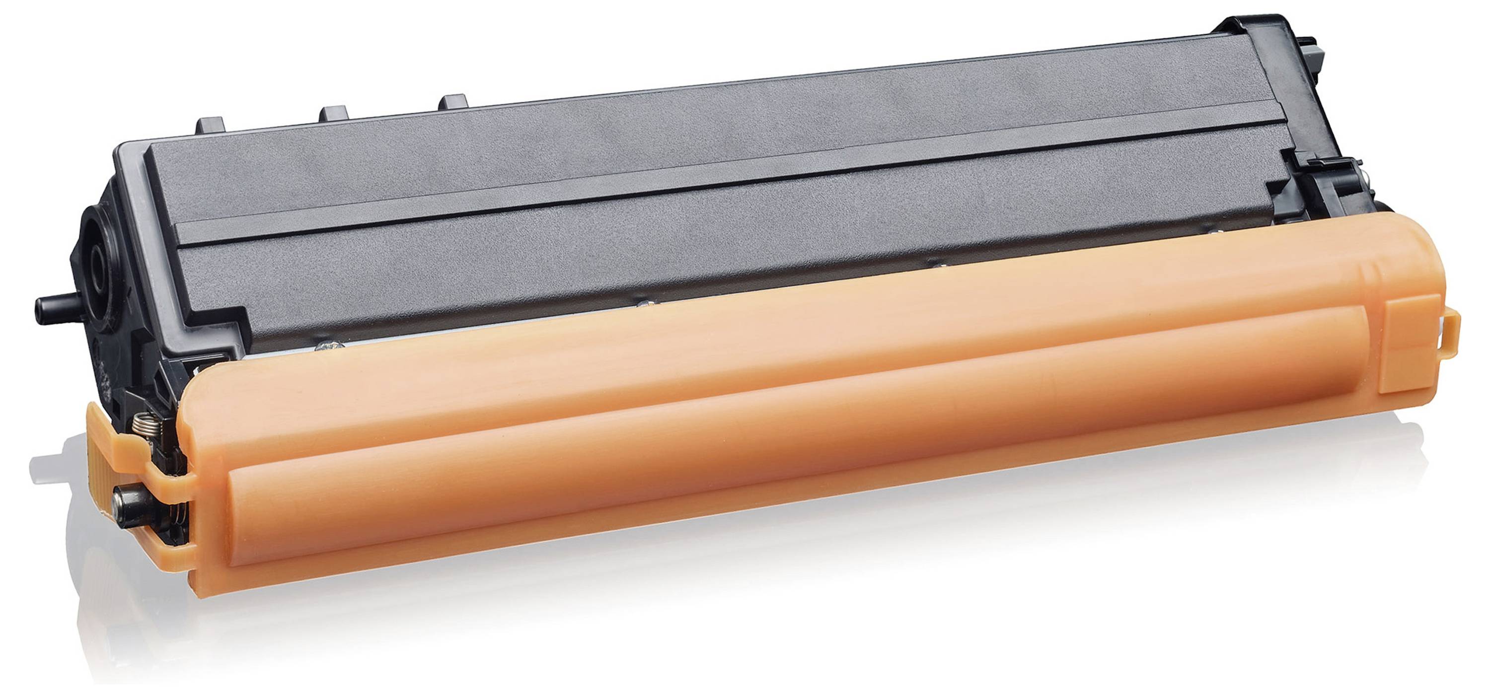 Una cartuccia di toner per stampante nera e arancione su uno sfondo bianco.