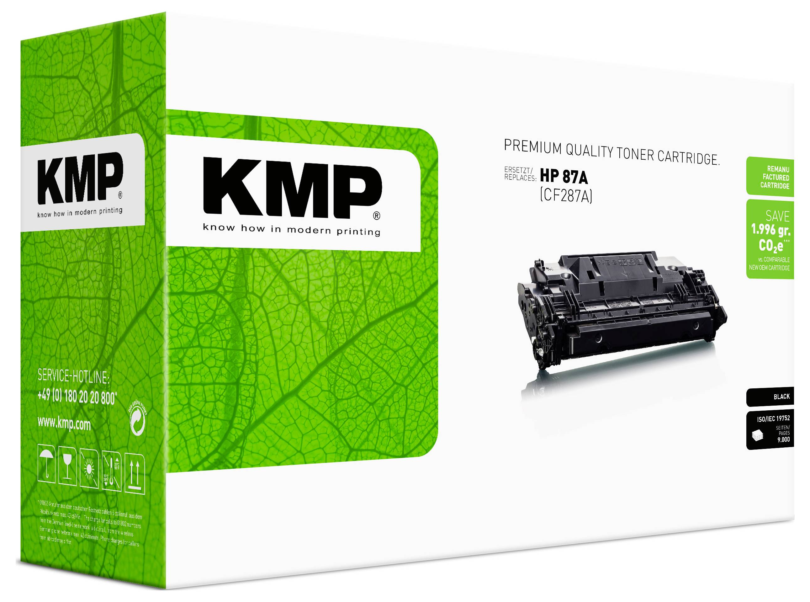 Confezione di cartuccia toner KMP di qualità premium per HP 87A (CF287A), mostrata in verde e bianco con immagine della cartuccia e etichetta toner nera.