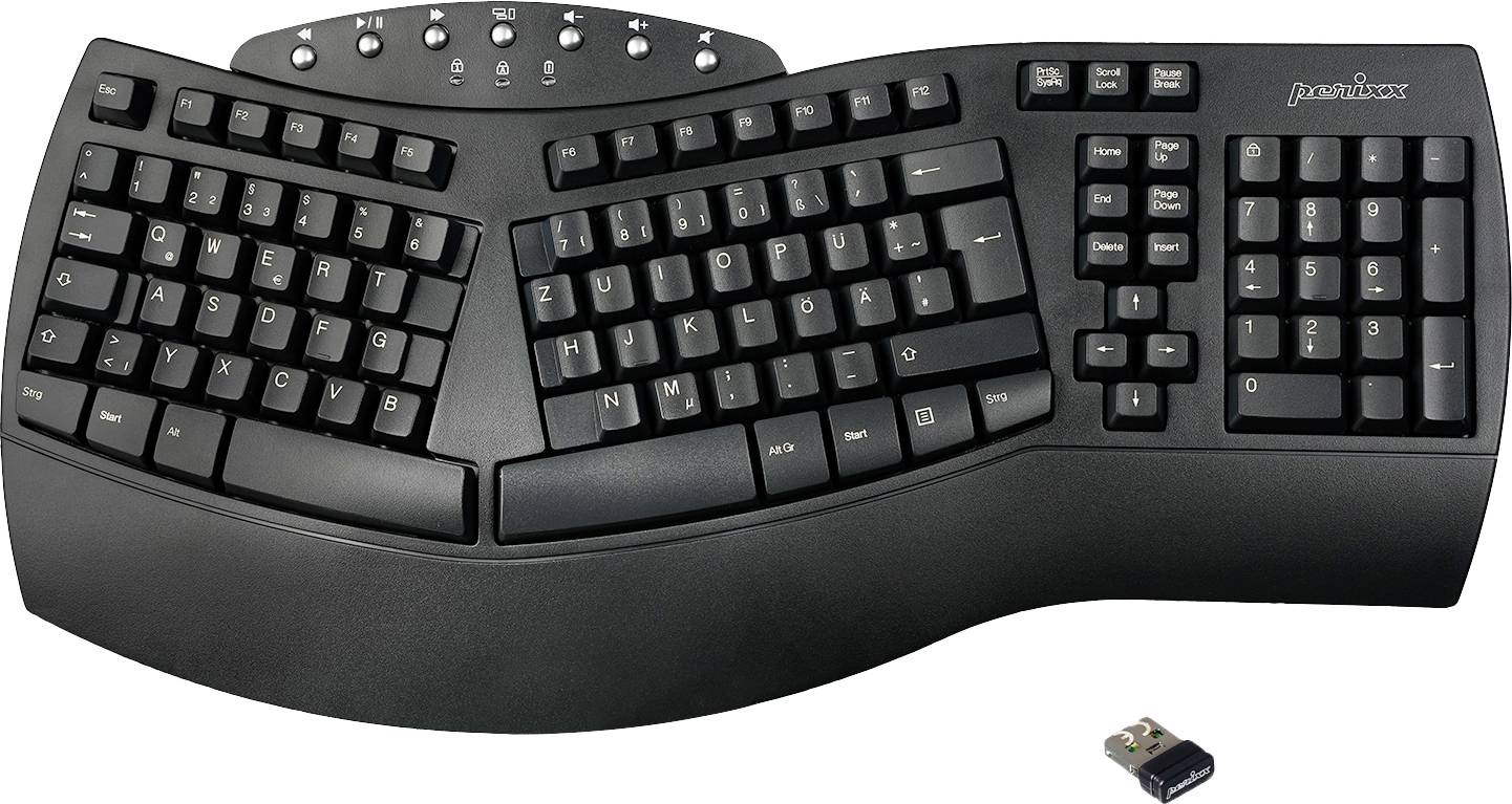 Tastiera ergonomica con design diviso, colore nero, incluso ricevitore USB wireless.