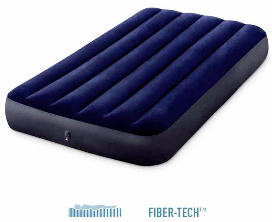 Un materasso ad aria blu scuro con tecnologia 'Fiber-Tech', rettangolare, progettato per uso interno.
