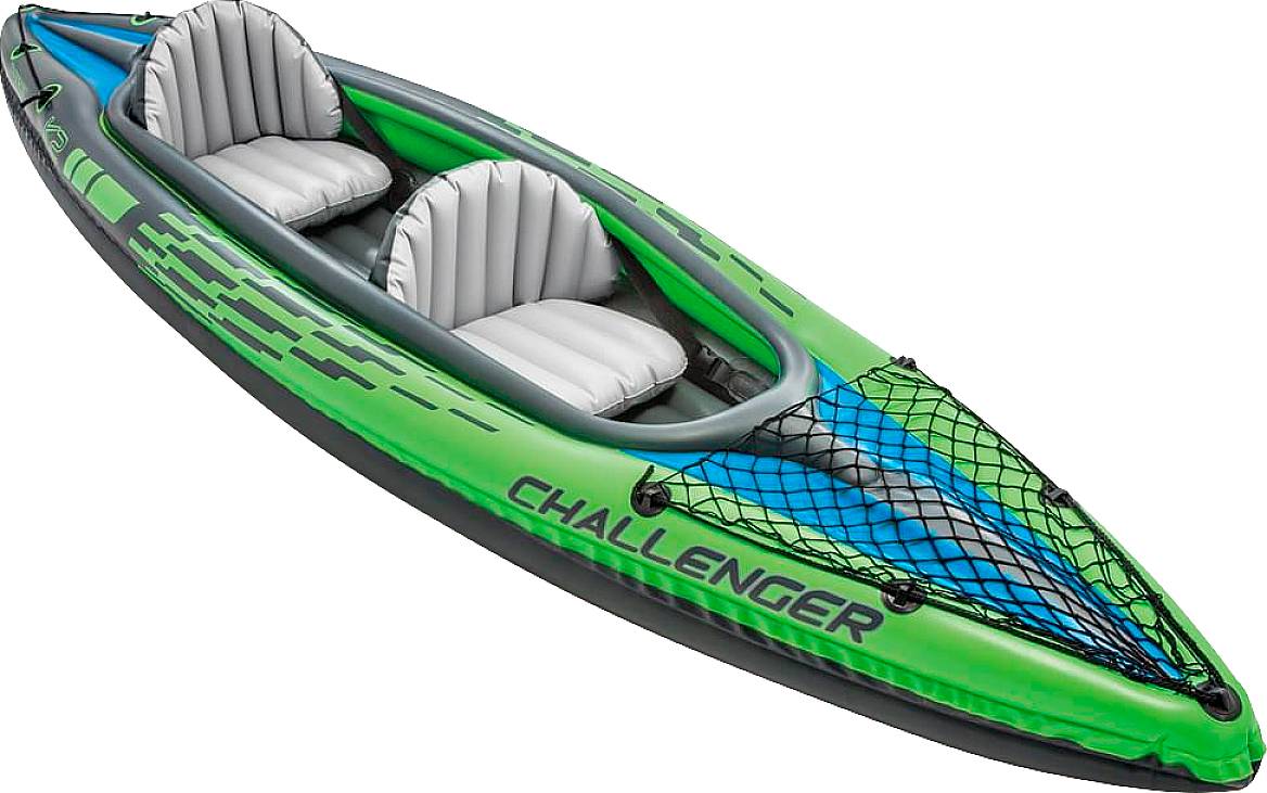 Kayak gonfiabile verde e blu per due persone con la scritta 'CHALLENGER' sul lato e rete di stoccaggio anteriore.