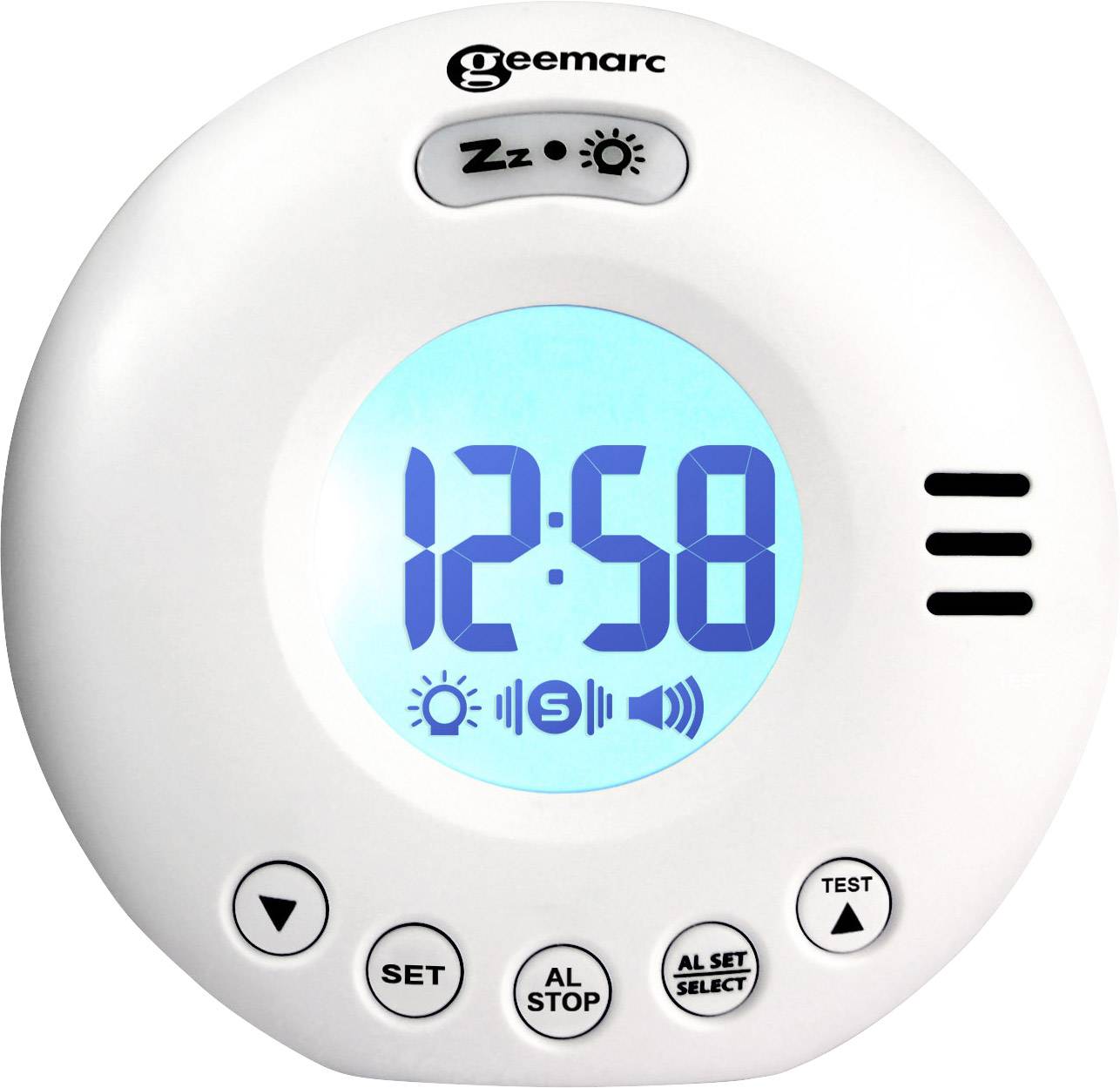 Orologio digitale rotondo bianco con display LED blu che mostra '12:58'. Tasti per sveglia e luce in alto, ulteriori tasti di controllo in basso.