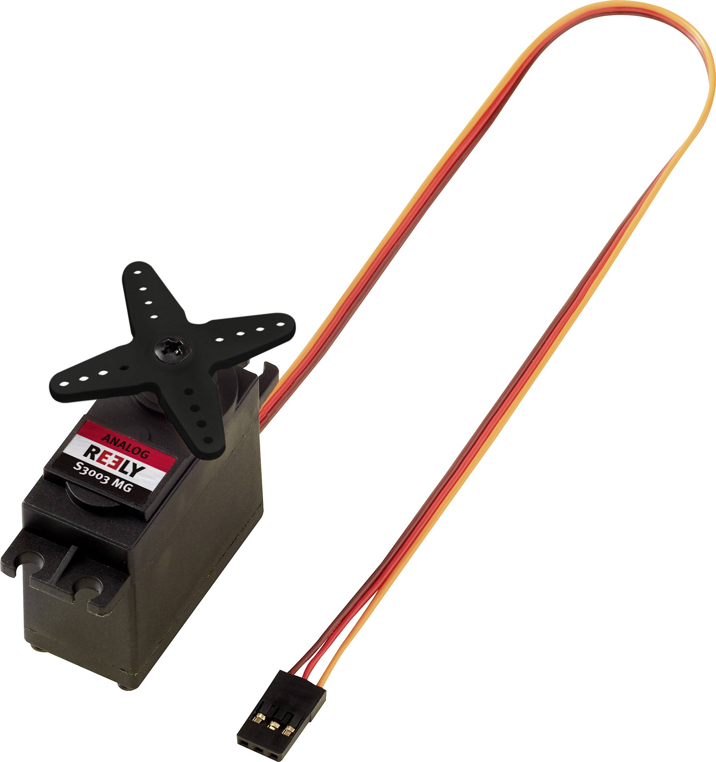 Un servo nero con cavi contrassegnati: giallo, rosso, marrone. In alto una testa rotonda con bracci. Adatto a movimenti meccanici.