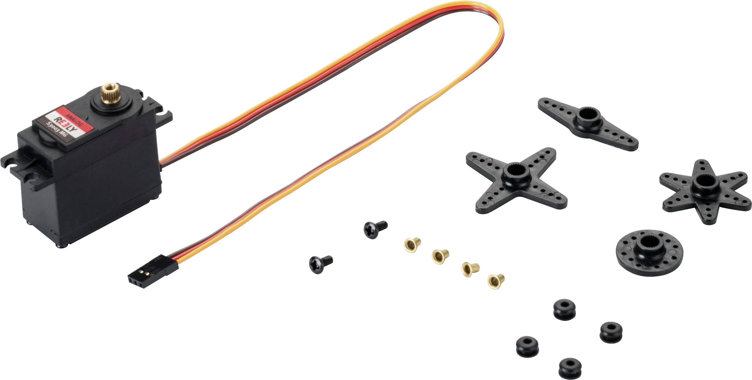 Un servomotore con cavo, comprensivo di vari componenti di fissaggio e viti, idoneo per applicazioni di modellismo.