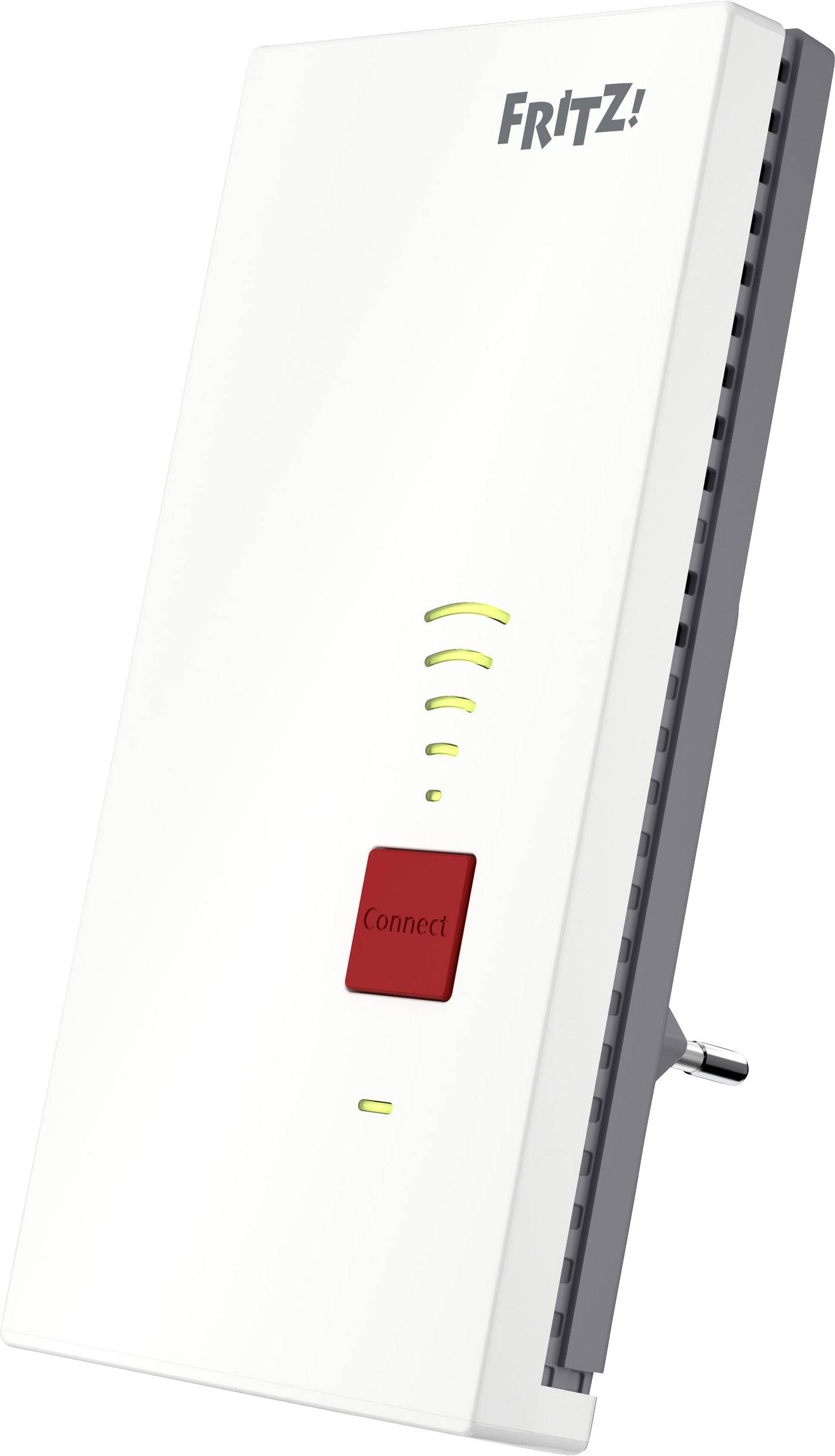 Un ripetitore Wi-Fi bianco con un tasto rosso 'Connetti' e indicatori LED illuminati che mostrano lo stato della connessione.