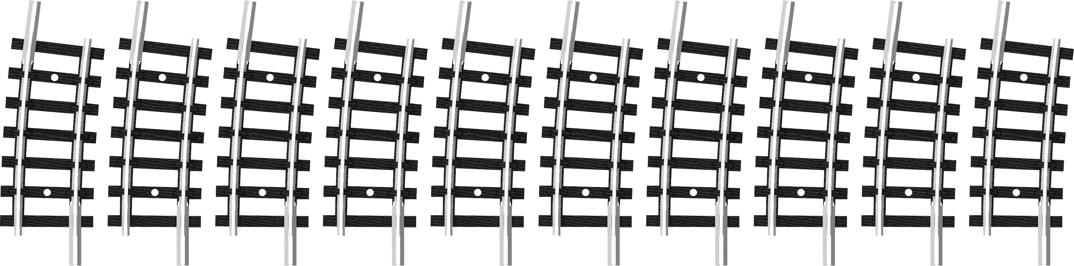 L'immagine mostra diversi binari di un modellino ferroviario paralleli, disposti in fila. I binari sono rappresentati in bianco e nero e leggermente curvati.