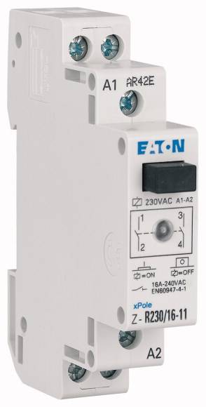 'Interruttore ausiliario unipolare Eaton xPole con designazione Z-R230/16-11 per corrente alternata a 230V, che mostra le posizioni di Acceso/Spento.'