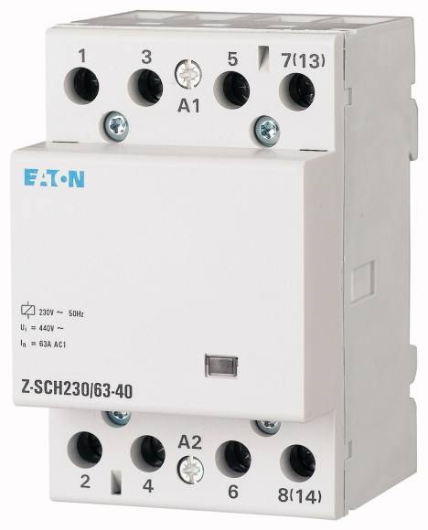 Un modulo di protezione di Eaton, modello Z-SCH230/63-40, bianco, con diversi morsetti e etichette per applicazioni elettriche.
