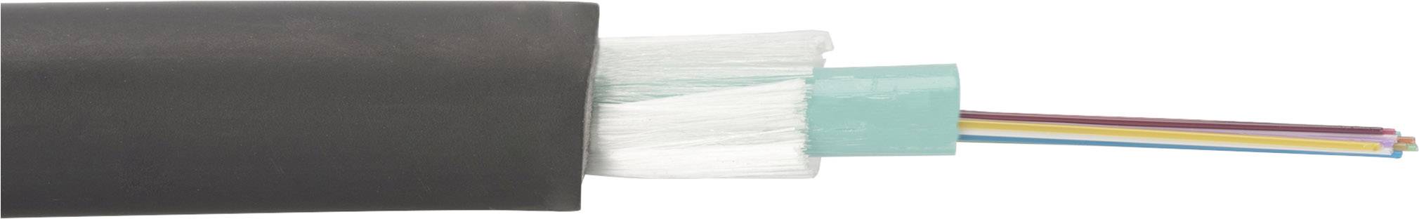Una sezione trasversale di un cavo ottico con più fibre ottiche in vetro, circondato da strati protettivi.