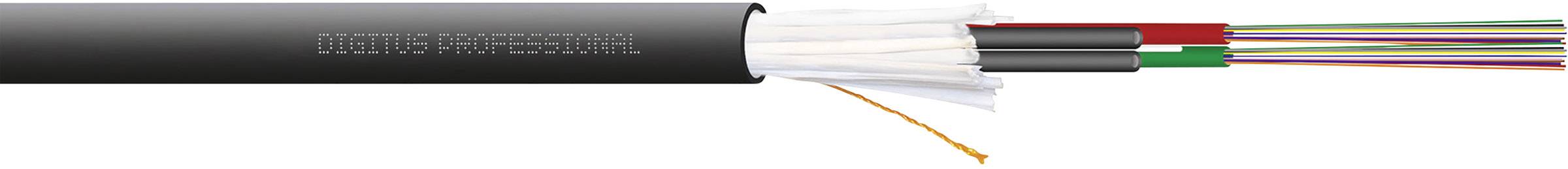 Una sezione trasversale di un cavo in fibra ottica che mostra più fibre ottiche colorate, circondate da un rivestimento esterno protettivo.