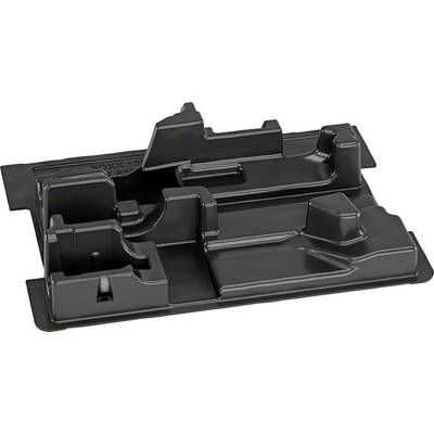 L'immagine mostra un inserto sagomato nero in plastica con diversi scomparti e rilievi per il posizionamento di oggetti.