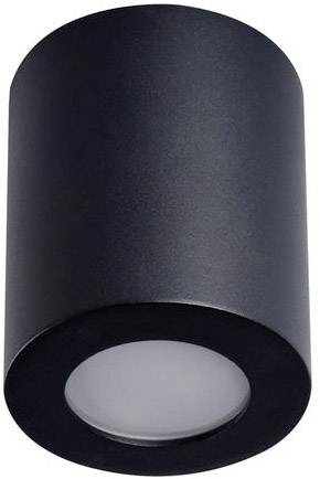 Una plafoniera nera, cilindrica, con diffusore in vetro bianco. È di design semplice e moderno.