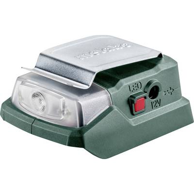 Lampada di lavoro portatile compatta con parte superiore argentata, lente frontale trasparente e interruttore LED rosso/12V su base verde.