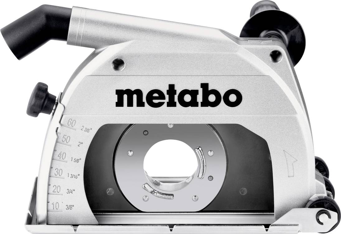 Primo piano di una pialla elettrica Metabo, argento e nero, che mostra la base di taglio anteriore e la scala di regolazione.