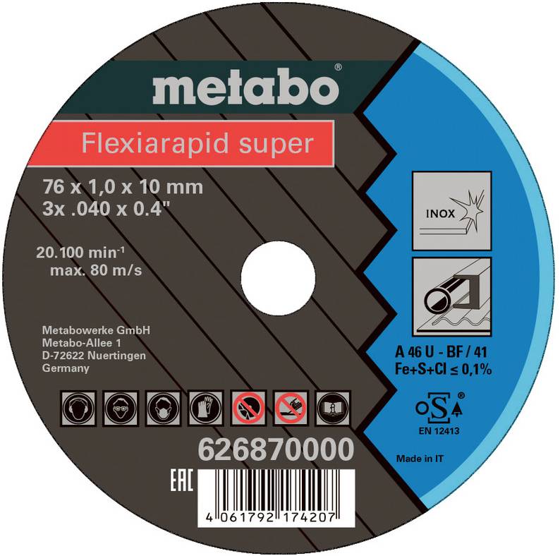 Disco di taglio Metabo Flexiarapid super, da 76 x 1,0 x 10 mm, per acciaio inossidabile, con simboli di sicurezza, codice a barre e numero di prodotto 626870000.