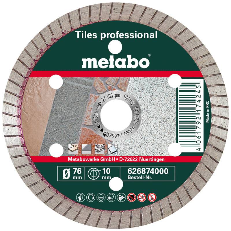 Etichetta della lama da taglio per piastrelle in diamante Metabo circolare che mostra i dettagli del prodotto, dimensioni 76 mm, foro da 10 mm e codice a barre.