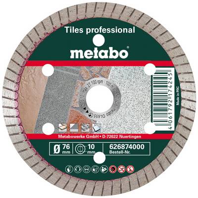 Etichetta della lama da taglio per piastrelle in diamante Metabo circolare che mostra i dettagli del prodotto, dimensioni 76 mm, foro da 10 mm e codice a barre.