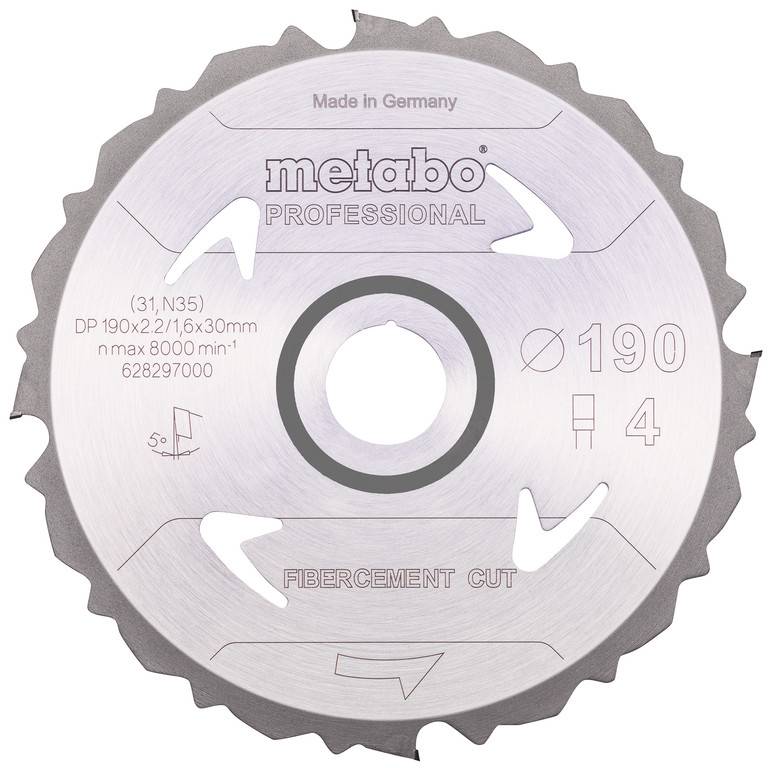 Lama circolare Metabo Professional per sega etichettata 'FIBERCEMENT CUT', Ø190, 4 denti, prodotta in Germania, con foro di montaggio centrale.