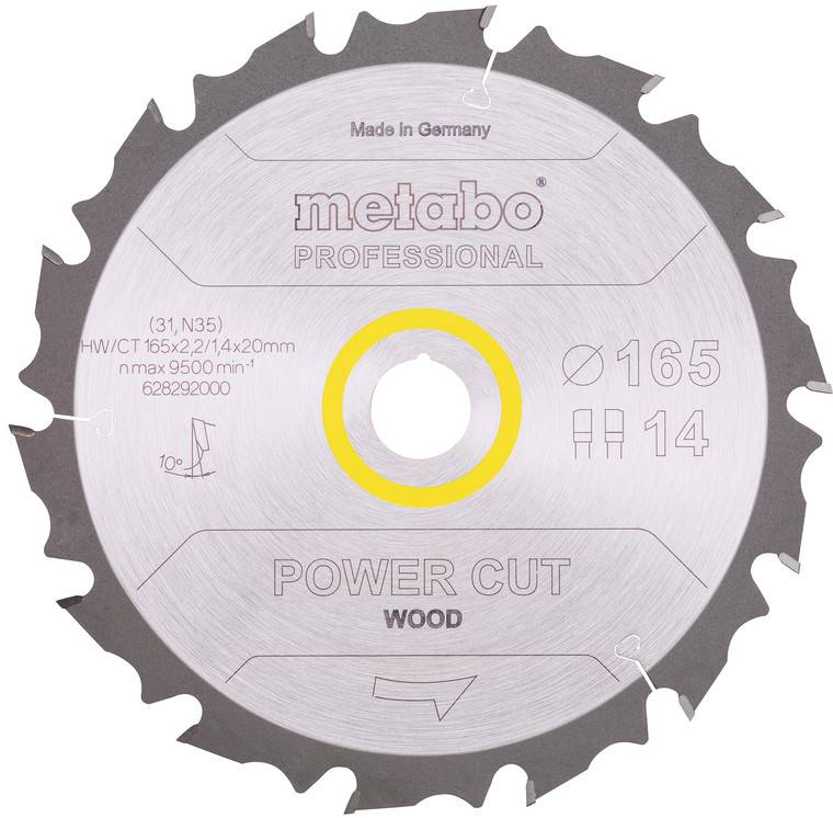 Lama per sega circolare Metabo Professional Power Cut con diametro di 165 mm e 14 denti, mostrata frontalmente con foro centrale evidenziato.