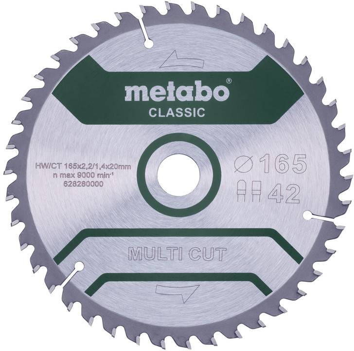 Una lama circolare per sega in metallo etichettata 'metabo CLASSIC' e 'MULTI CUT', contrassegnata con 165 mm e 42 denti, mostrata su uno sfondo bianco.