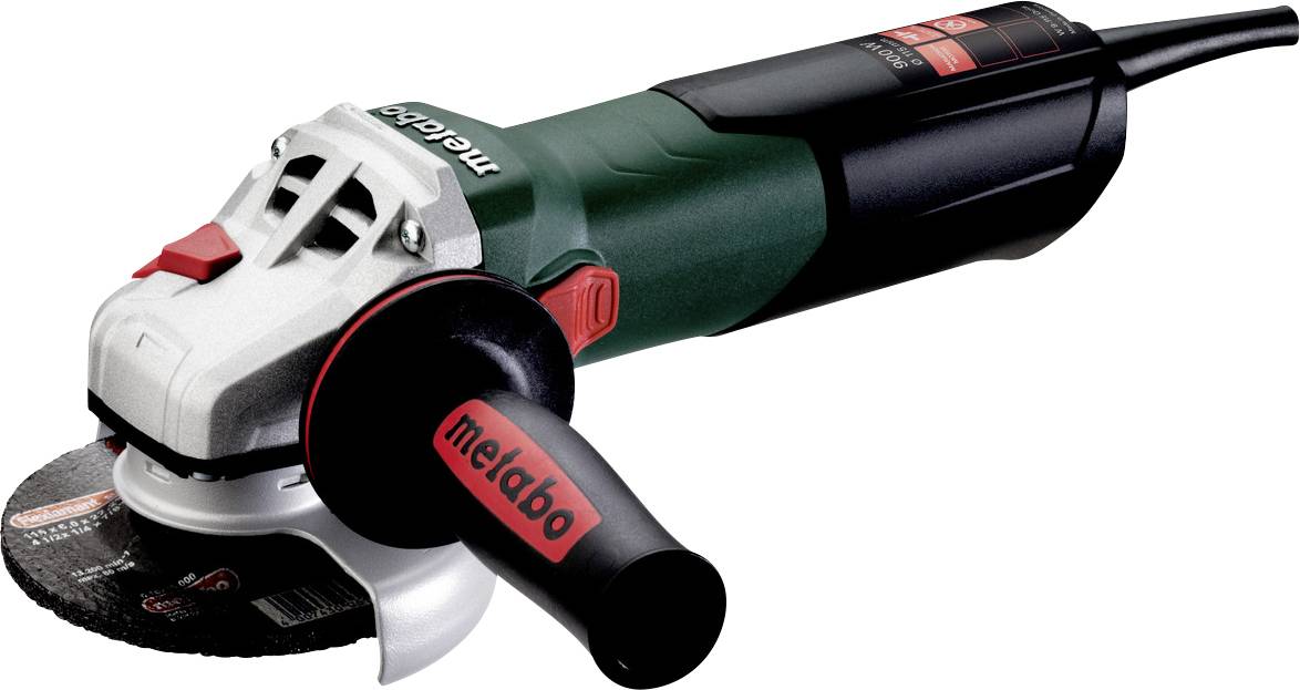 Smerigliatrice angolare con maniglia laterale nera e disco di taglio collegato, mostrata su uno sfondo bianco.