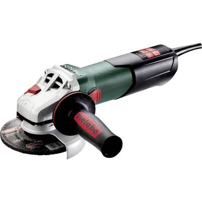Un smerigliatrice angolare elettrica con disco nero, corpo verde e bianco, e accenti rossi, mostrata su sfondo bianco.