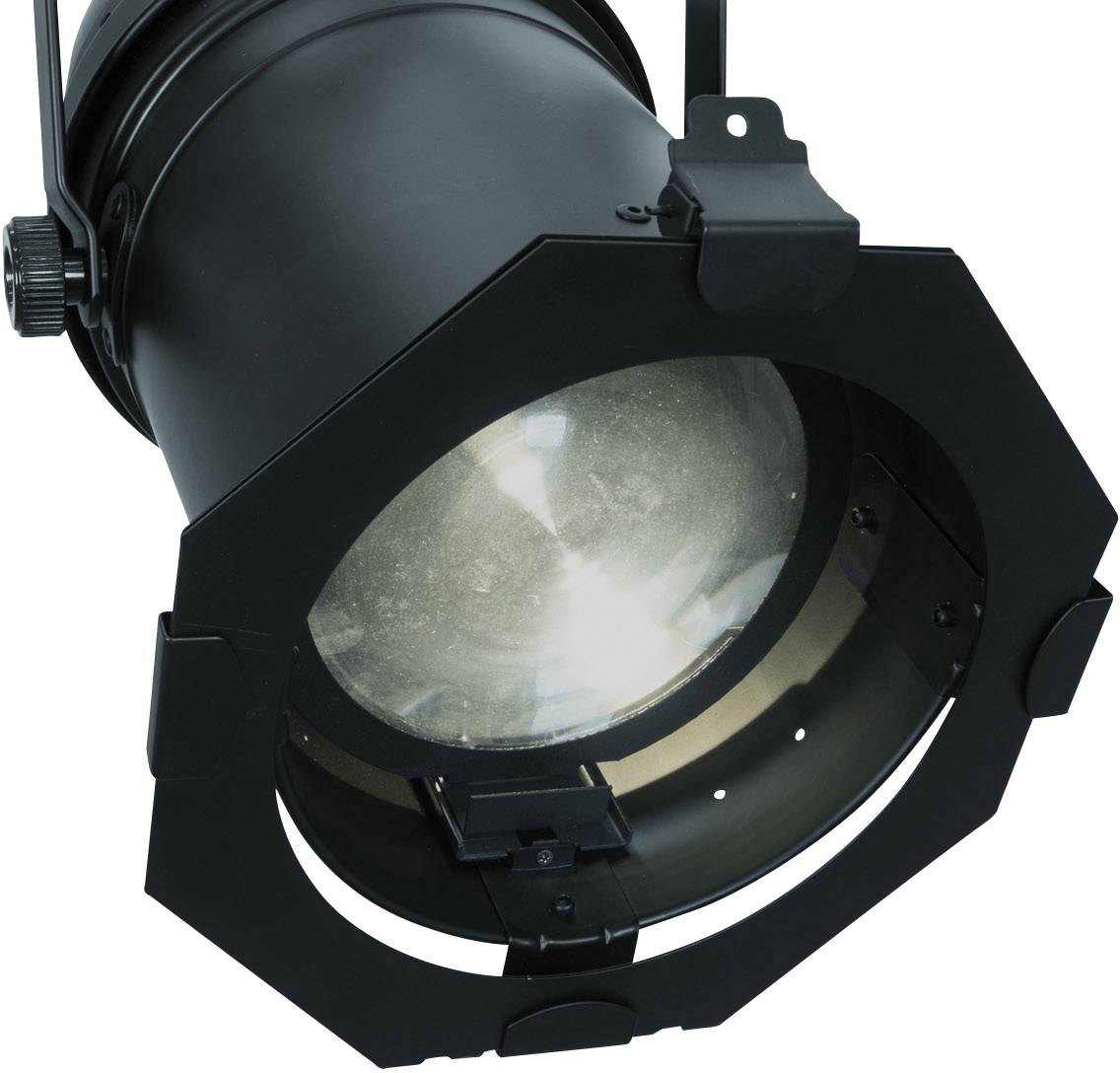 Un proiettore nero che illumina verso il basso, con una lente rotonda e liscia. La luce è accesa.