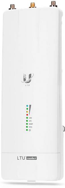 Un dispositivo di rete bianco con più porte e indicatori LED. Riportante la scritta 'LTU Pro'. Principalmente utilizzato per connessioni internet.