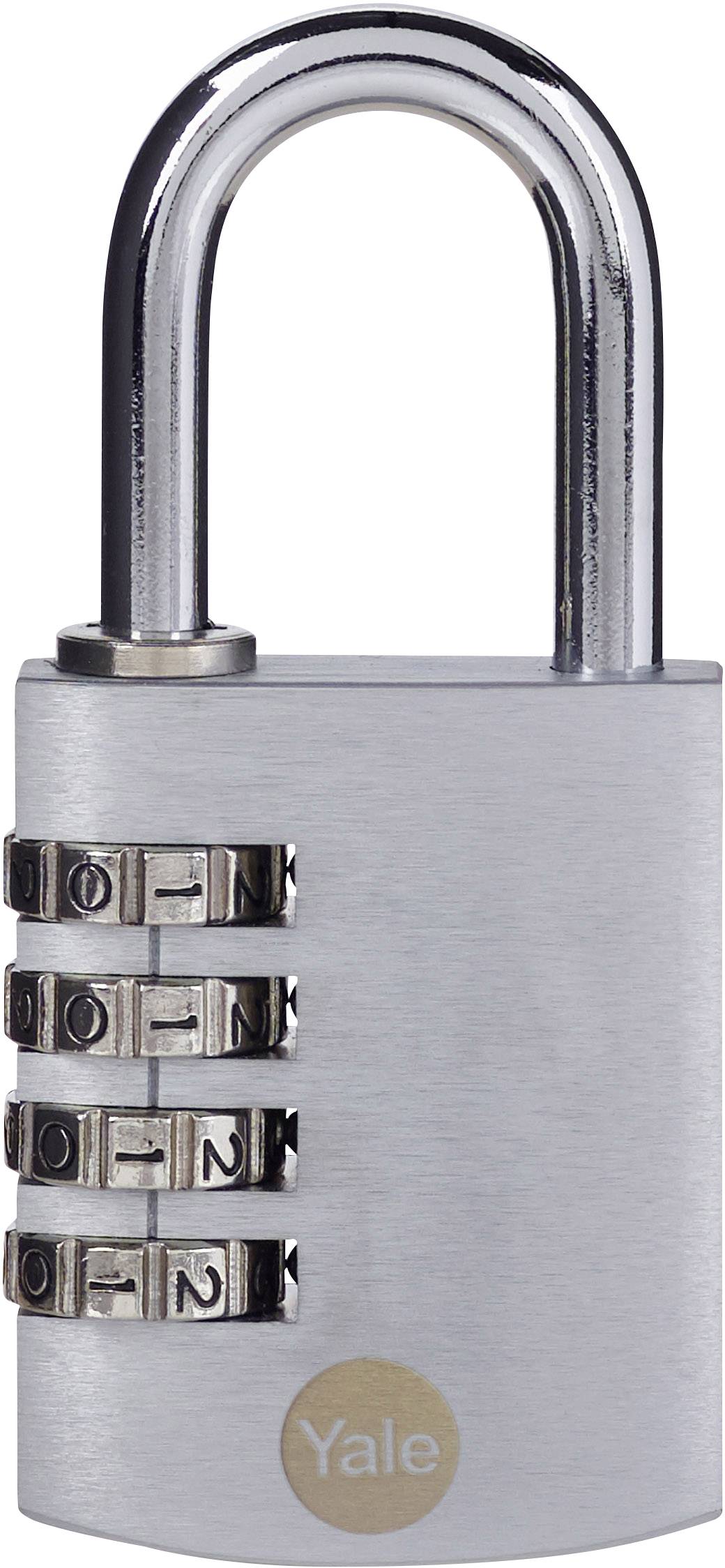 Lucchetto in metallo con combinazione numerica a quattro cifre e la scritta 'Yale' sulla parte anteriore.