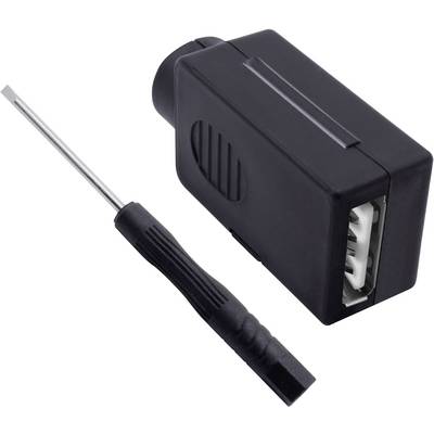 'Adattatore e cacciavite': Un adattatore compatto con porta USB accanto a un piccolo cacciavite su sfondo bianco.