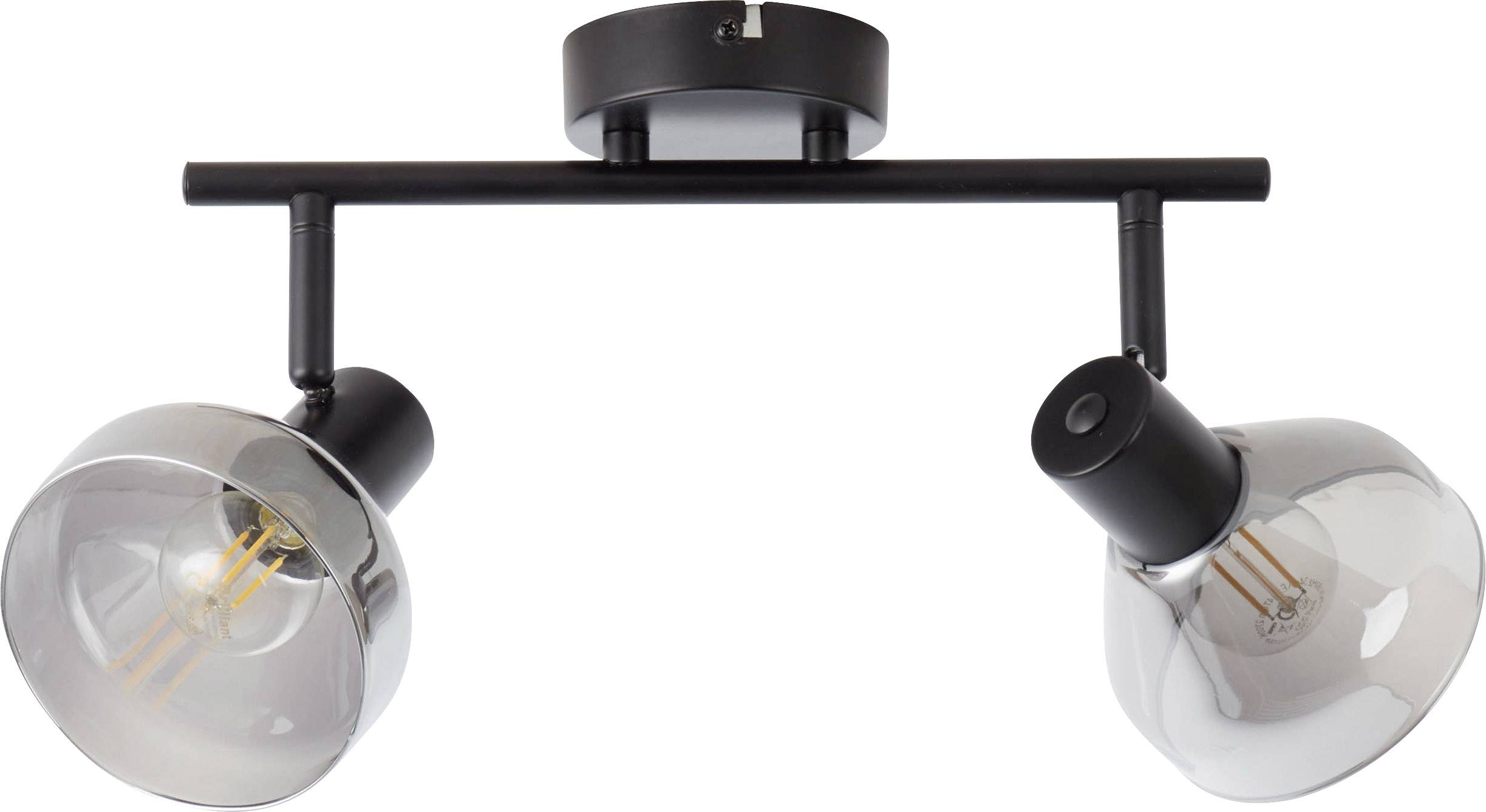 Plafoniera nera con due faretti regolabili rivolti verso il basso. Design minimalista, stile industriale.
