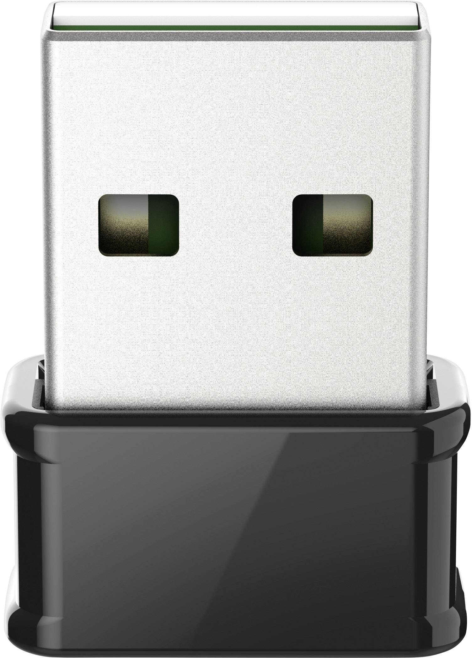 Un dongle USB argentato è inserito in un adattatore nero, sullo sfondo bianco.