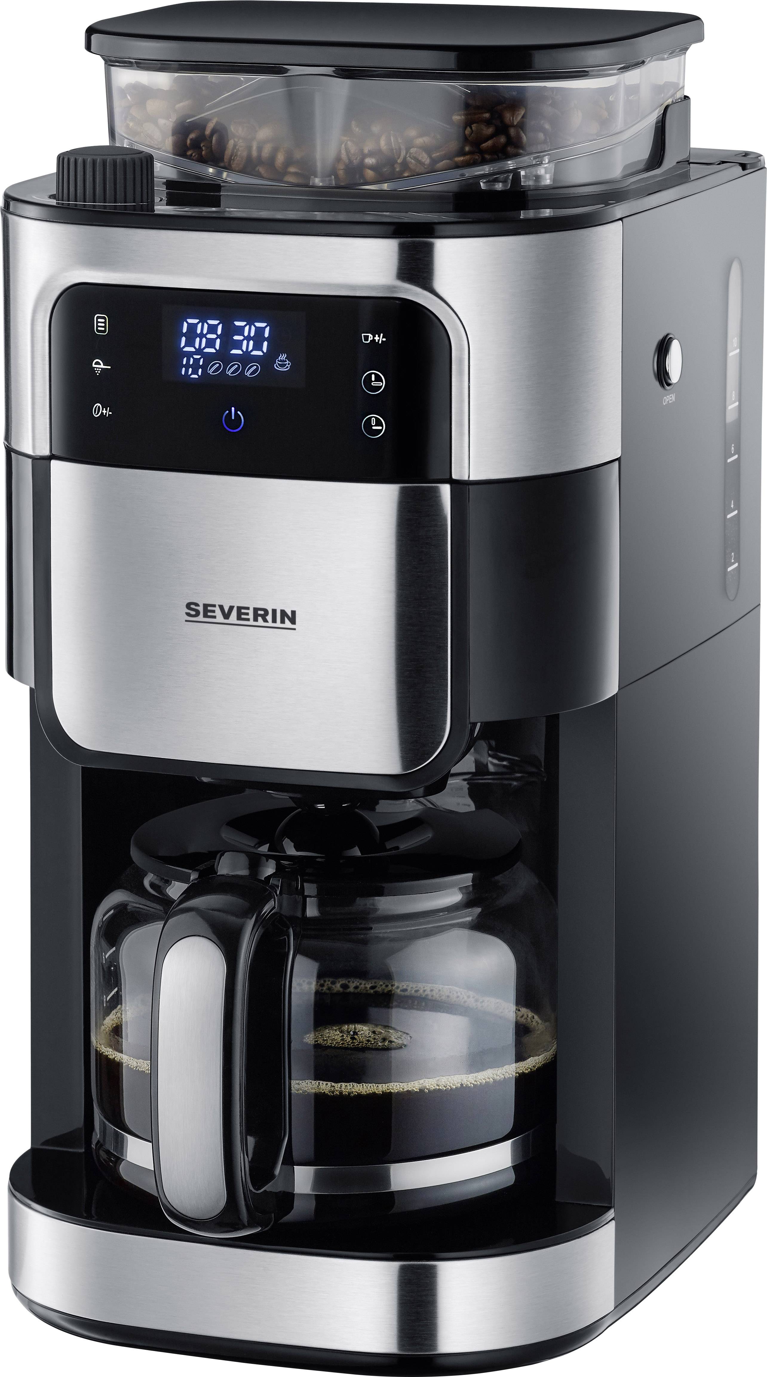 Macchina da caffè con macinacaffè integrato, display digitale e caraffa in vetro, riempita con caffè appena preparato.