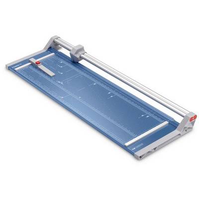 Taglierina blu con righello e cursore rosso; ideale per tagliare carta con precisione.