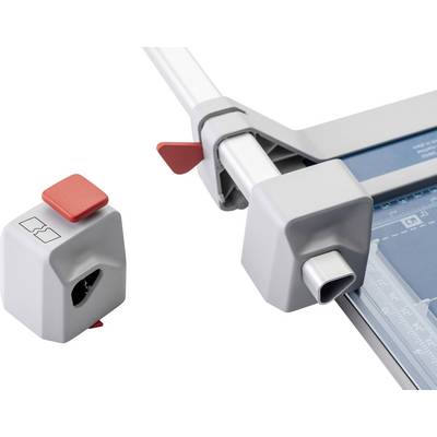 Taglierina per carta con base grigia, cursore rosso e righello per tagli precisi. Parte di sicurezza rimovibile visibile.