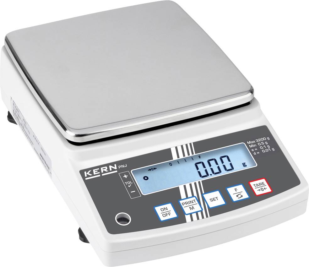 Bilancia elettronica, marca KERN, mostra 0,00 sul display digitale. Capacità massima 2500g, precisione 0,01g. Tasti per On, Off, Print, Tara.