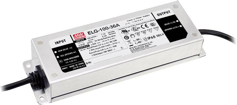 Un driver LED rettangolare con etichette bianche, numerose specifiche tecniche, contrassegni di ingresso e uscita.