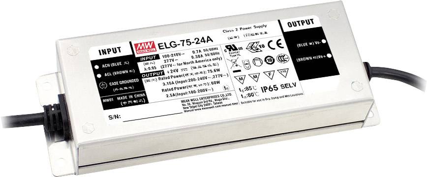 Alimentatore con numero modello ELG-75-24A. Specifiche di potenza: 75W, 24V, 3,2A. Adatto per illuminazione LED. Custodia argentata, certificato IP65.