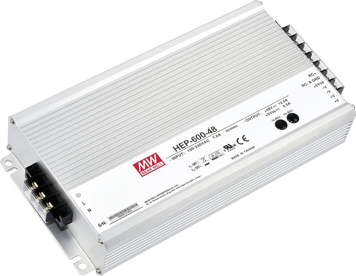 Alimentatore Mean Well HEP-600-48, di colore argento con specifiche tecniche sulla parte superiore. Adatto per applicazioni industriali.