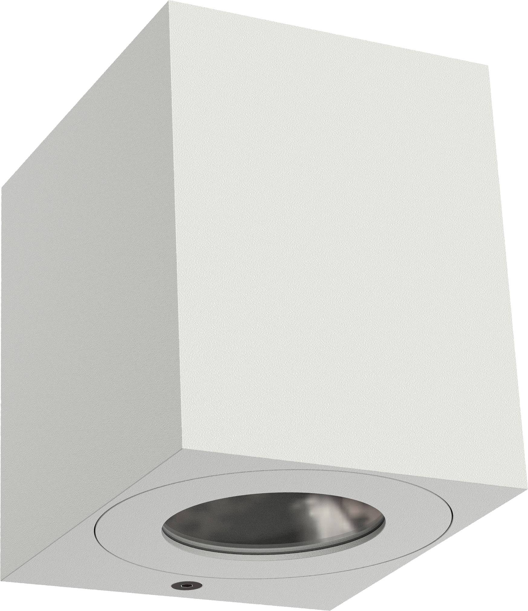 Un faretto da soffitto quadrato bianco con luce integrata e un piccolo sensore nero sul lato inferiore.
